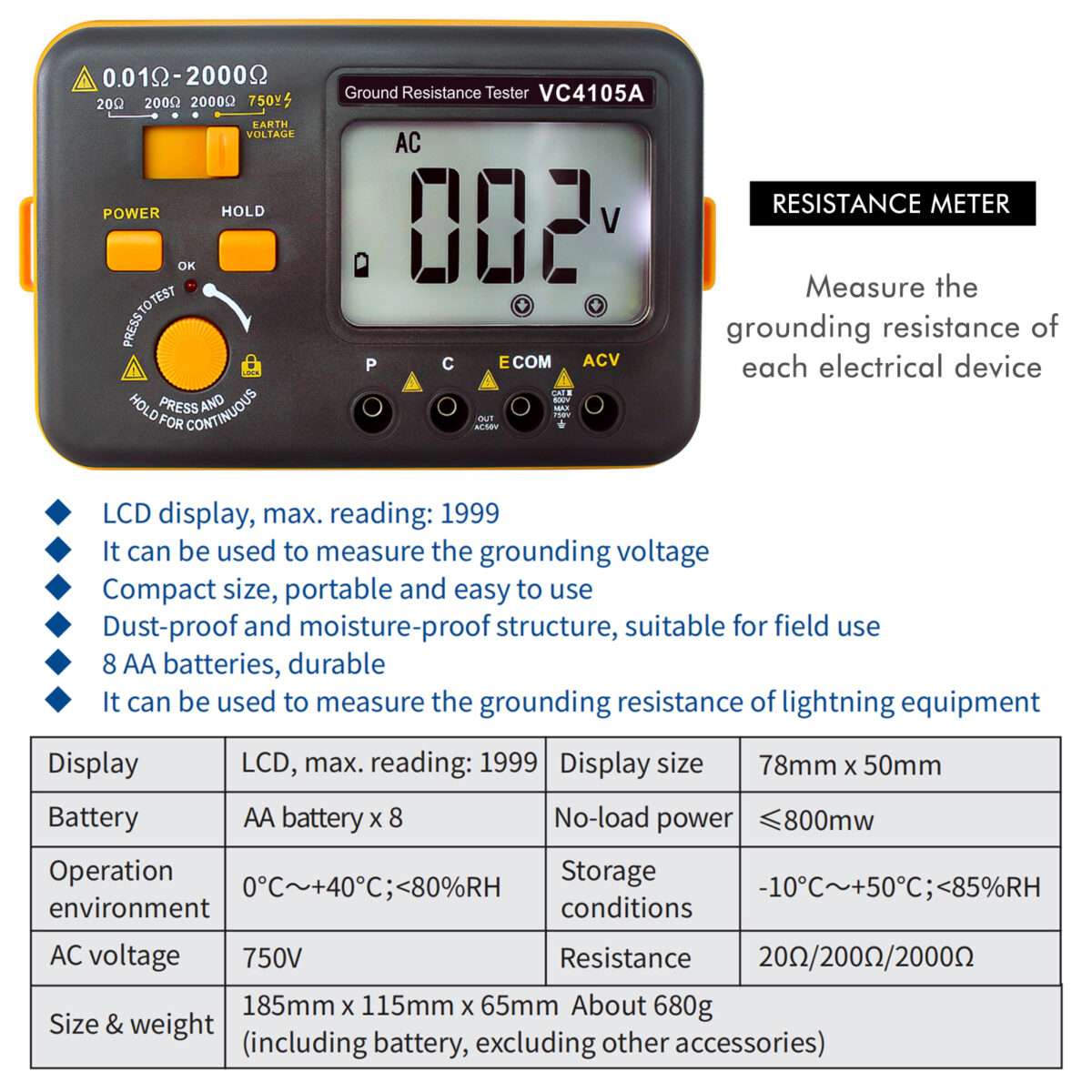 VC4105A Digital Resistance Ground Earth Tester